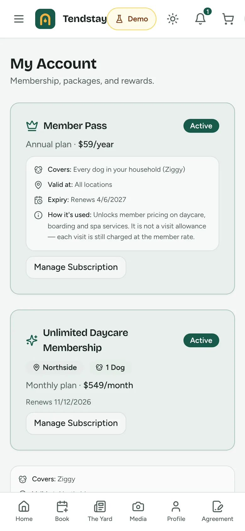 Account screen in the Tendstay brand: green colour scheme, a membership called Member Pass at the Northside location
