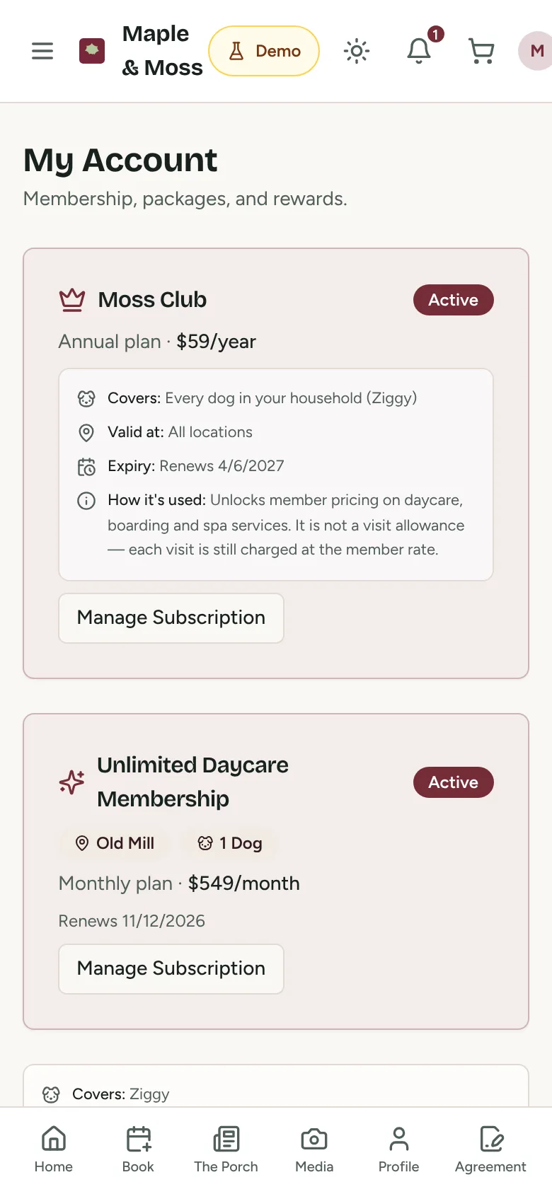 The same account screen rebranded for a fictional pet hotel: burgundy colour scheme, its own logo, a membership called Moss Club at the Old Mill location