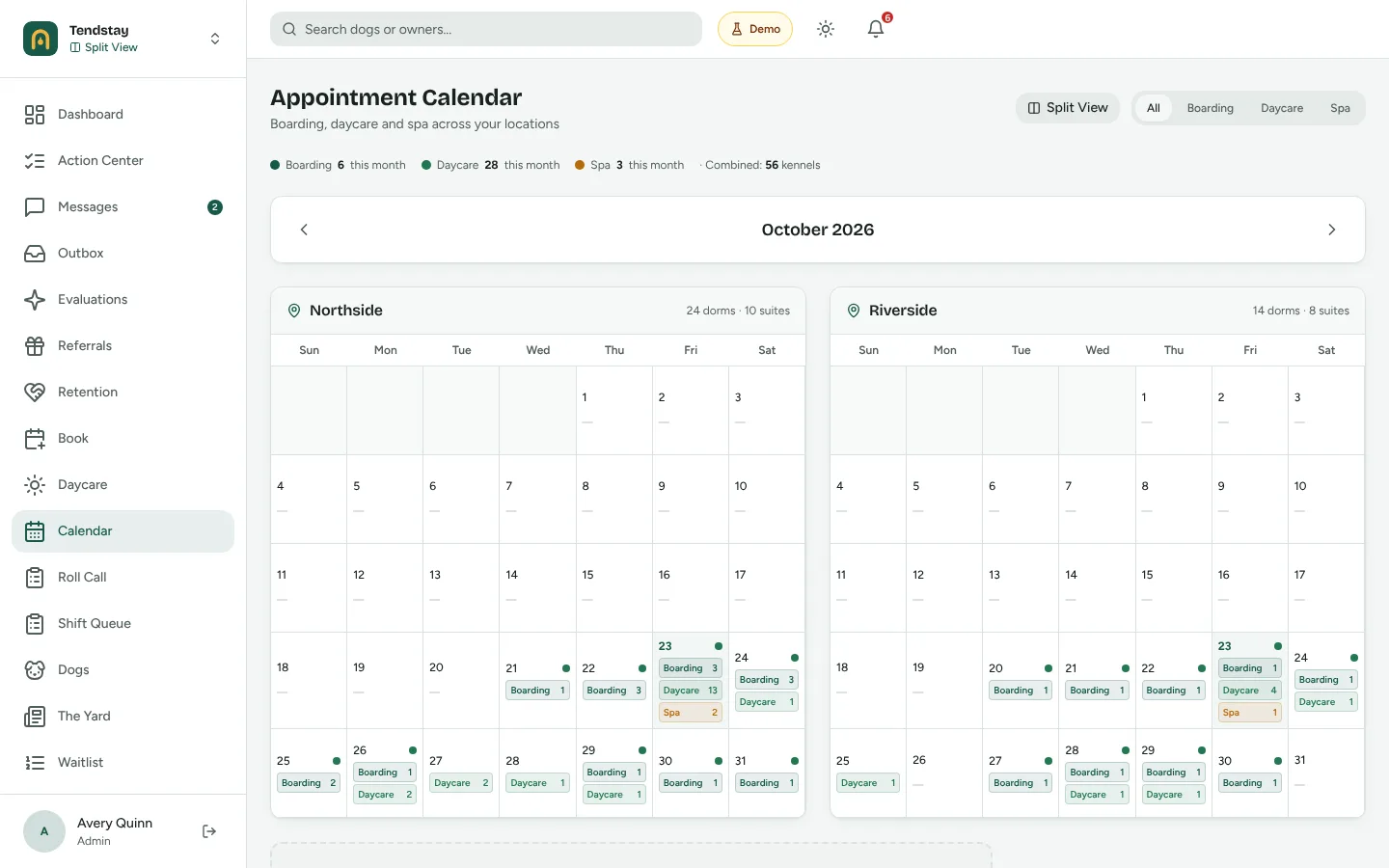 Appointment calendar in the Tendstay demo showing boarding, daycare and spa bookings per day at two locations, with dorm and suite counts