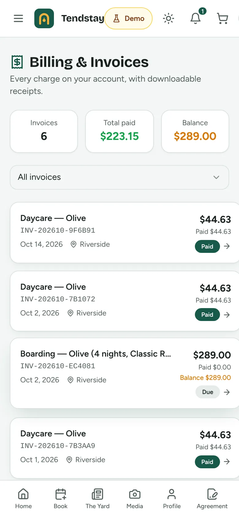 Pet parent billing screen in the Tendstay demo listing invoices with amounts, statuses and a button to pay