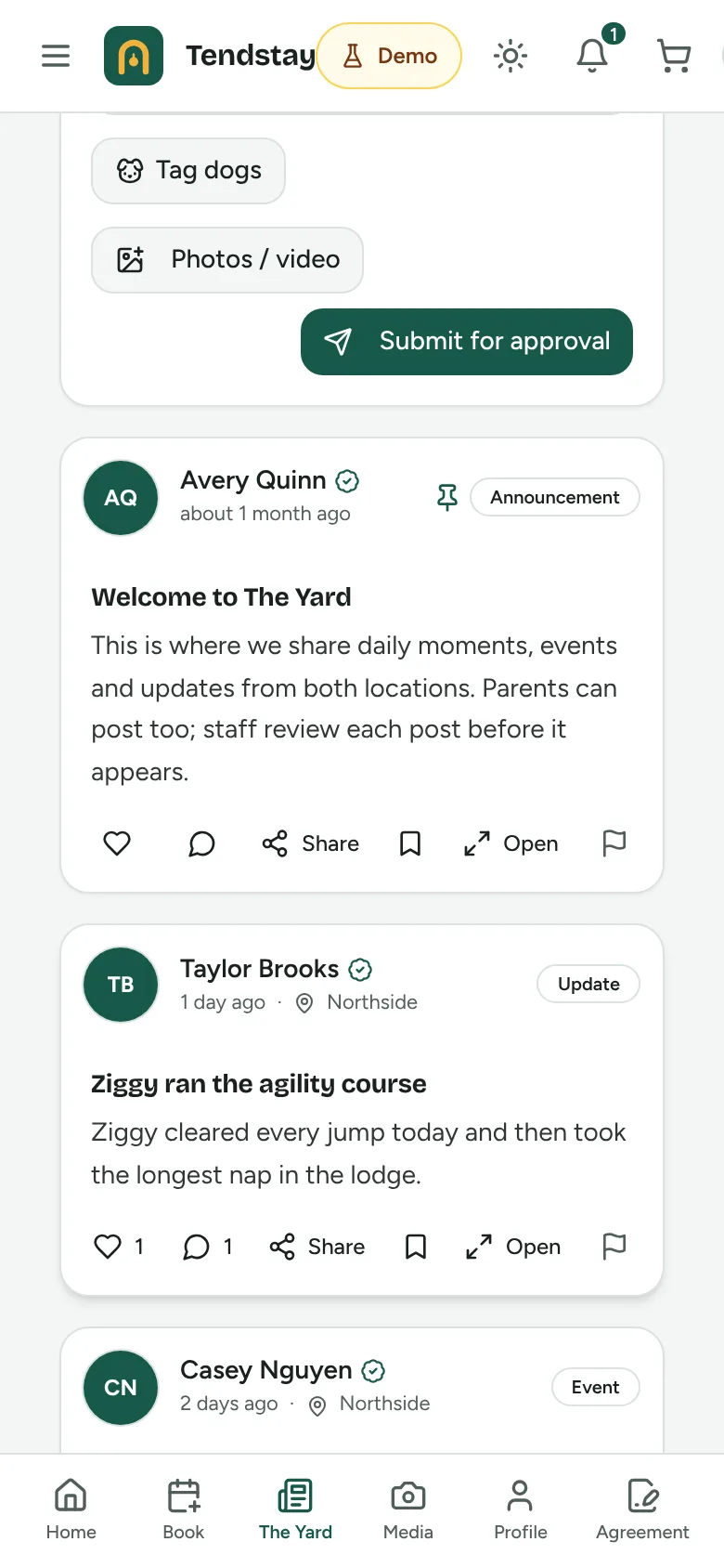 The private community feed in the Tendstay demo with an announcement from the owner and a staff update about a dog's agility session
