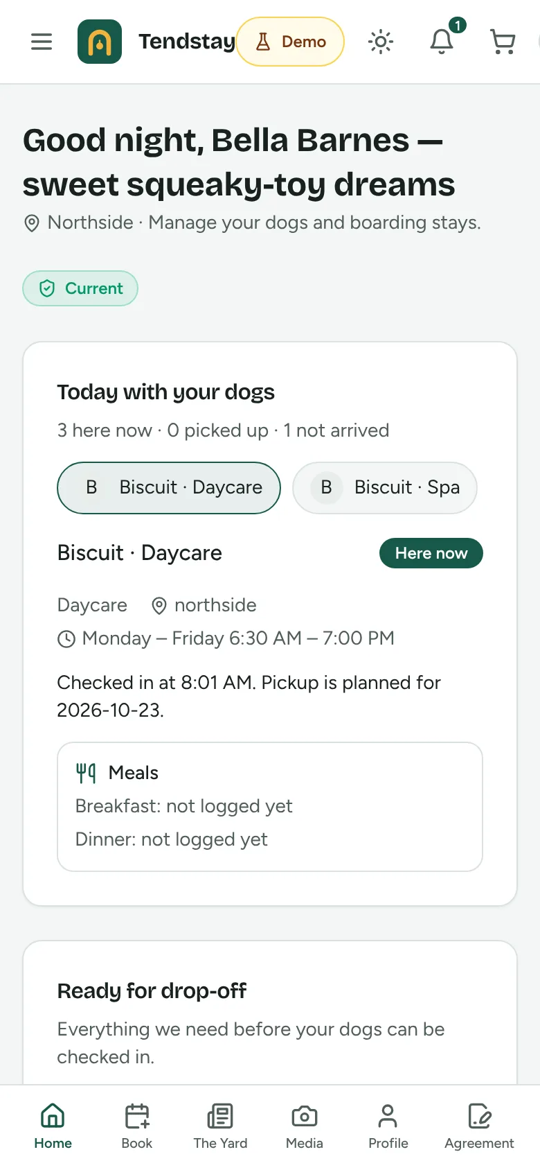 Pet parent home screen in the Tendstay demo showing today's visits for two dogs, check-in time and meals not yet logged